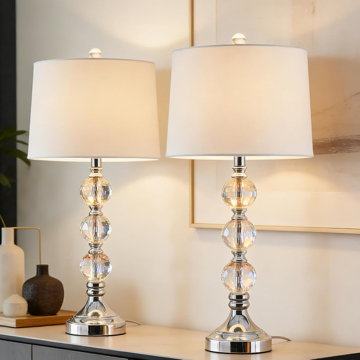 27.5-Inch Crystal Table Lamps Set of 2, 3-Way Dimmable, Nickel