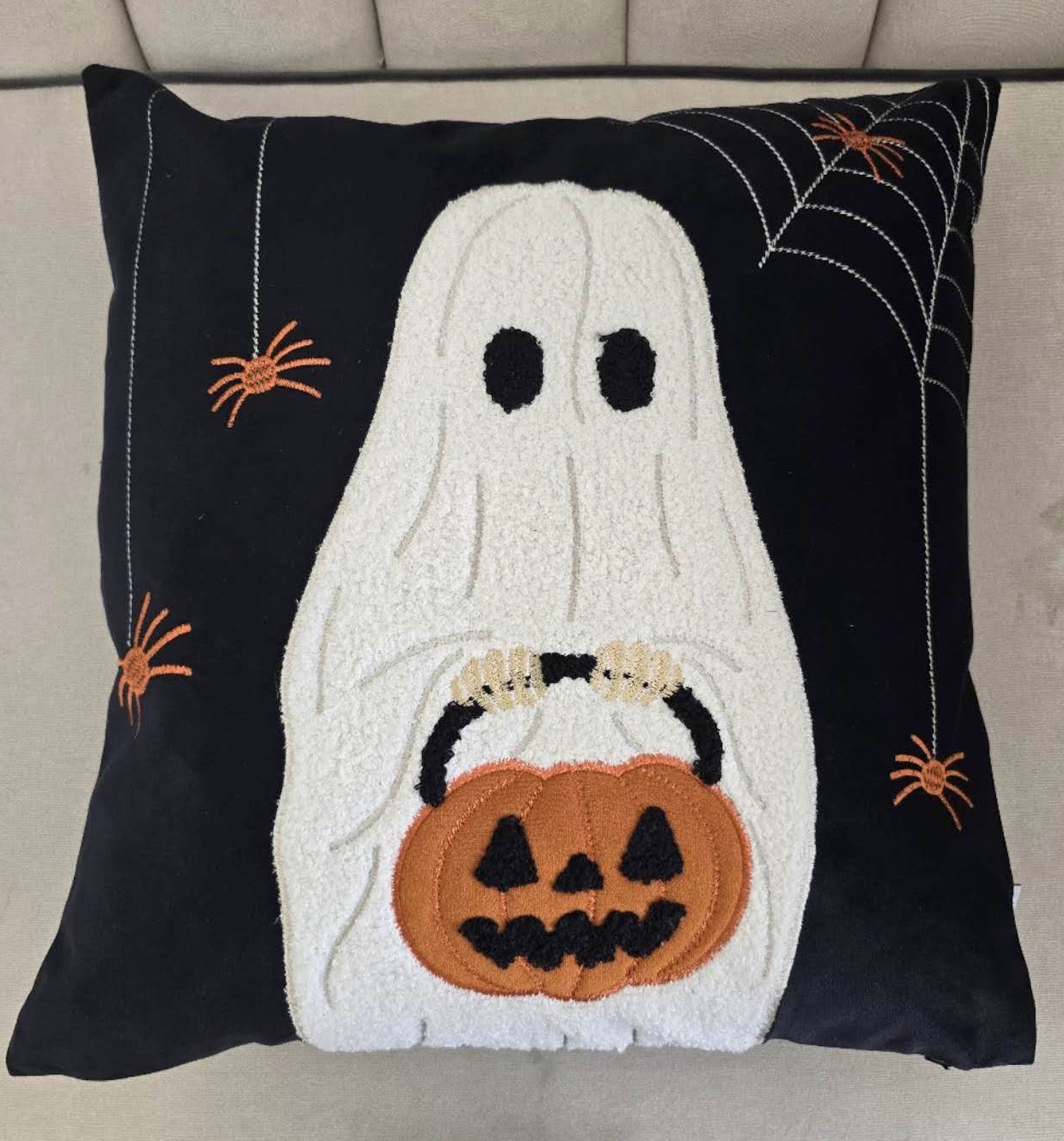 Halloween Ghost with Pumpkin Bucket Throw Pillow