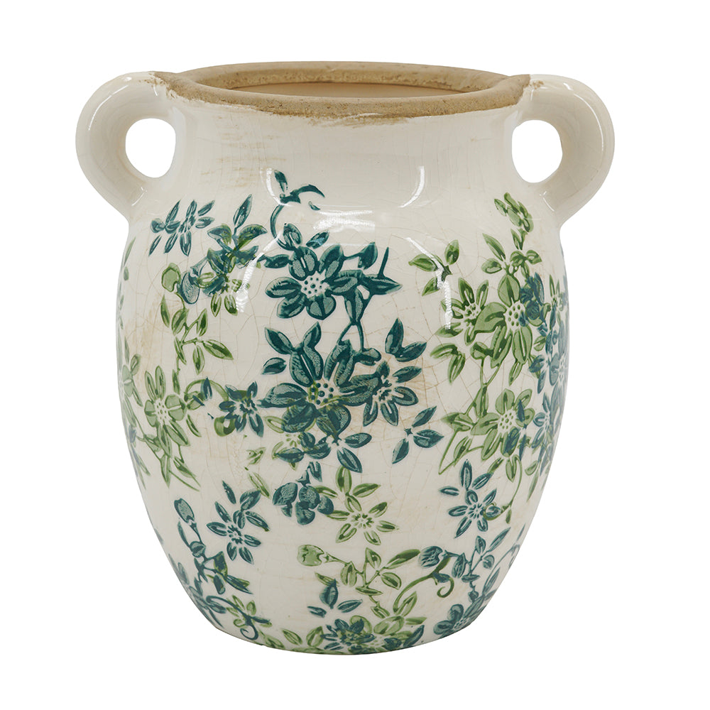 Floral Twin-Handle Ceramic Vase, 7.5 x 6.3 x 7.7 Inches