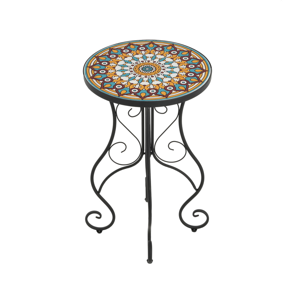 Round Ceramic Outdoor Side Table, Colorful + Black