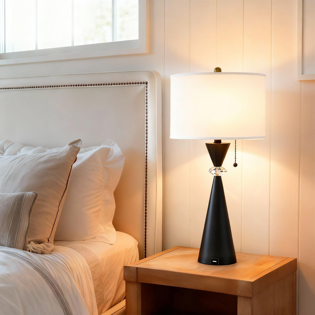 28-Inch Modern Table Lamps Set of 2, Black Metal Hourglass Base with USB Charging