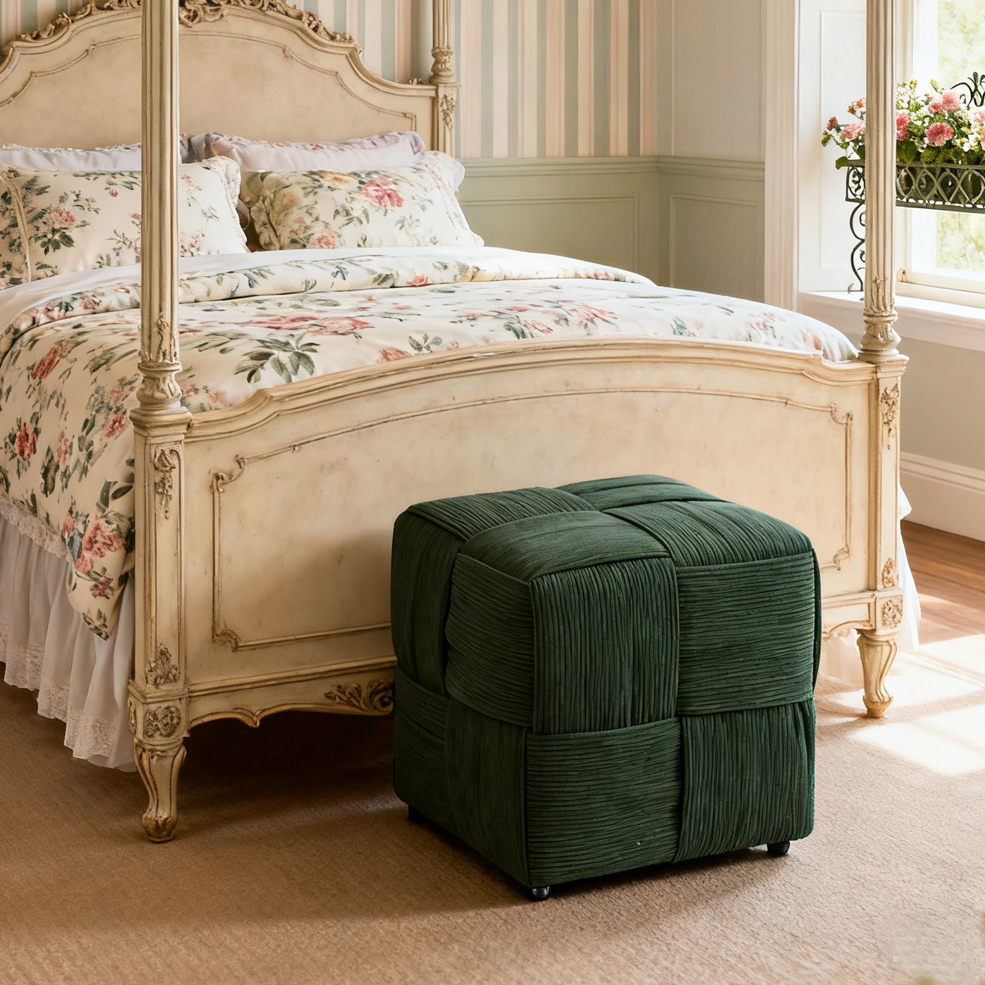 Ottoman Foot Rest Soft and Comfortable Corduroy Stool - Green