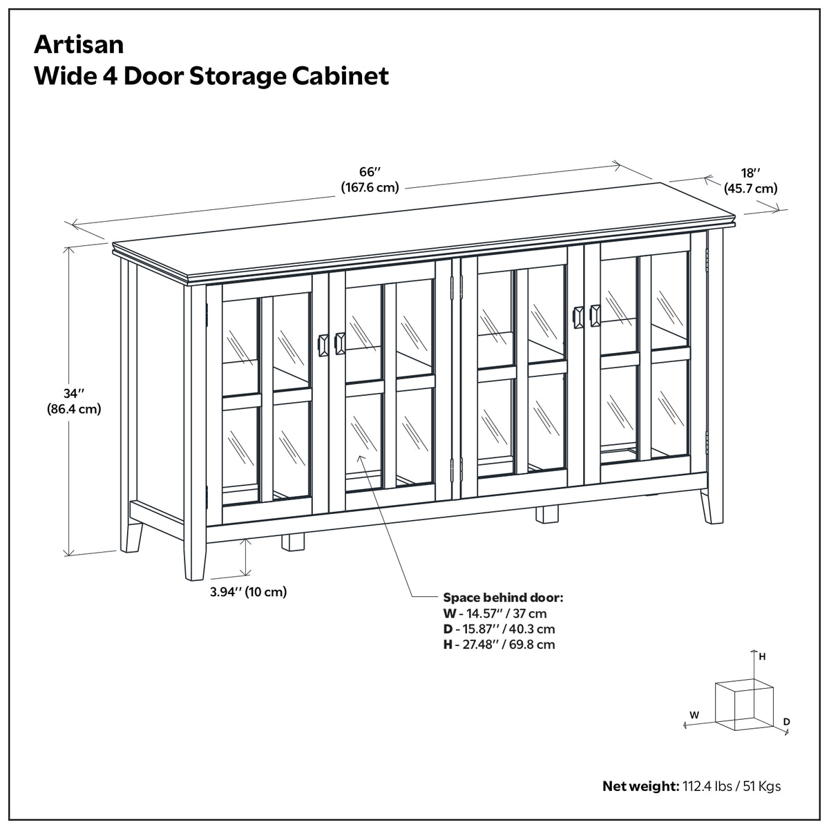 Artisan 66 Inch Wide Solid Wood 4 Door Storage Cabinet