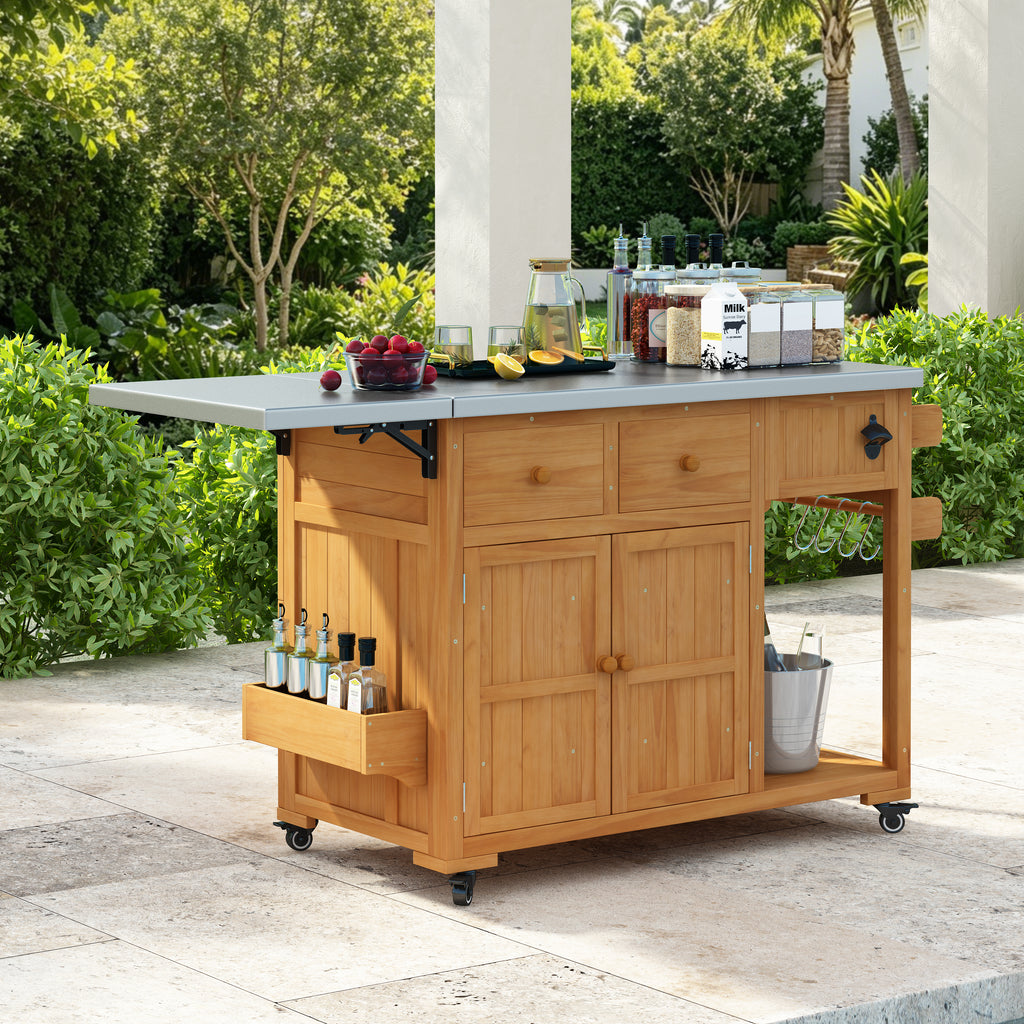 TOPMAX 59.9-Inch Outdoor Kitchen Cart, Solid Fir Wood with Extendable Stainless Steel Top, Natural