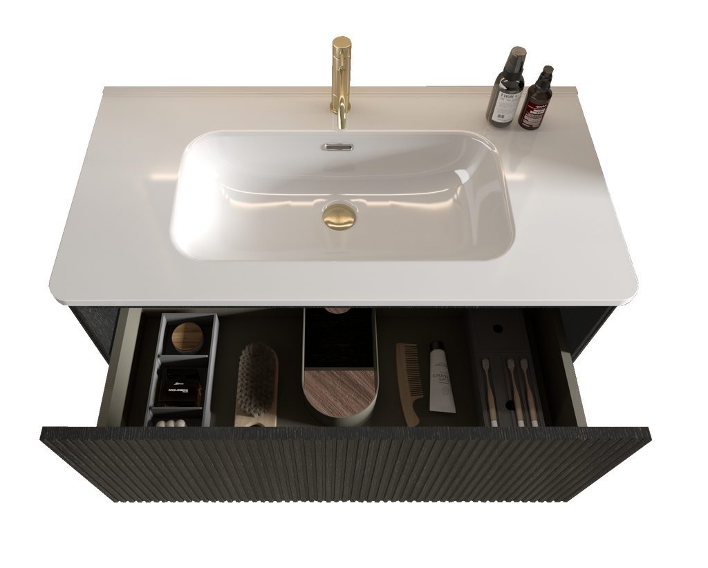 Etna 36-Inch Striped Floating Bathroom Vanity with Ceramic Sink, Black