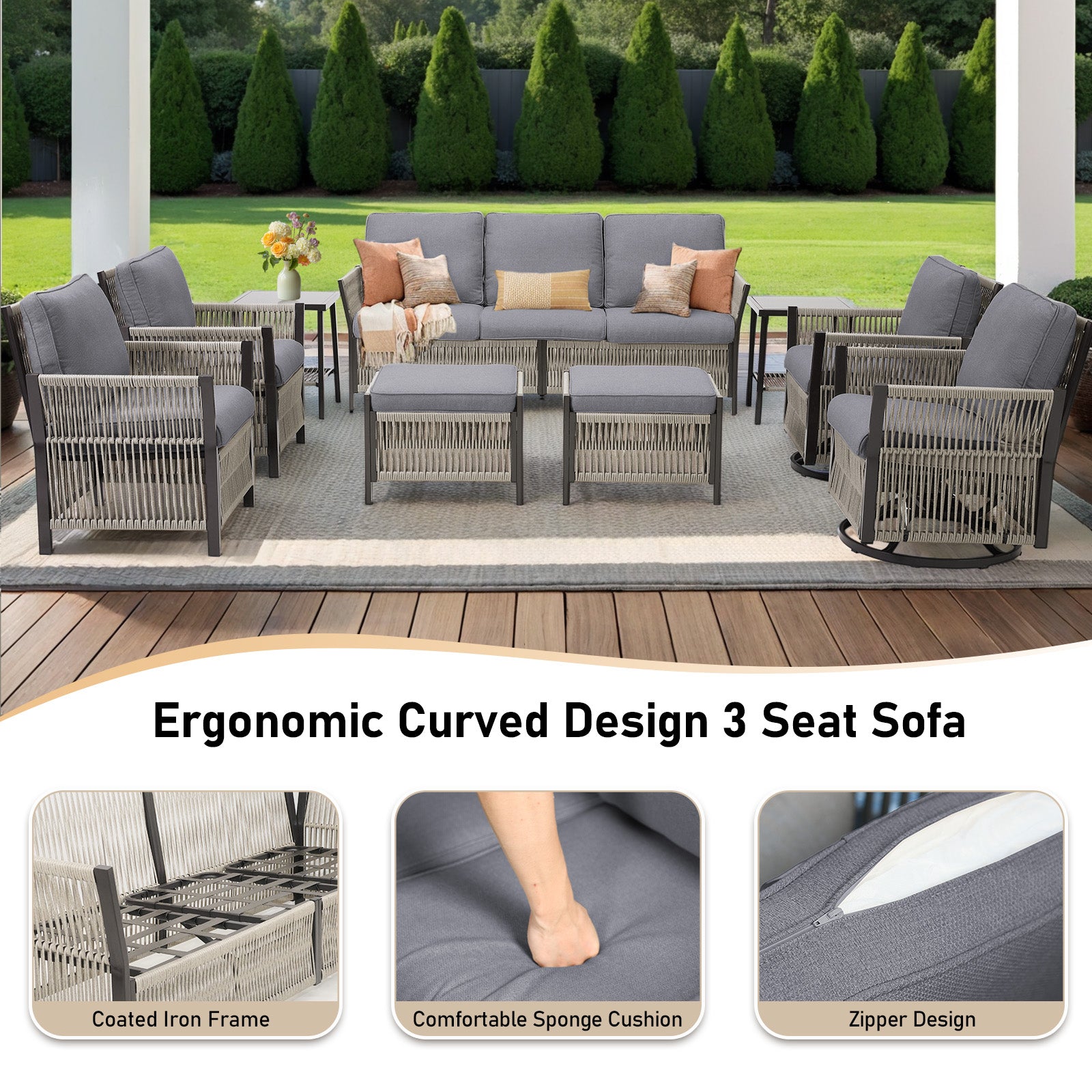 73.6" Outdoor Patio Sofa, 3-Seat Rattan Couch