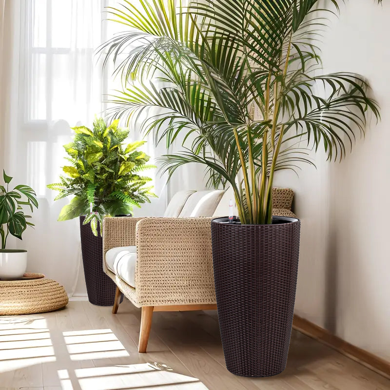 Set of 2 Faux Rattan Tall Planters