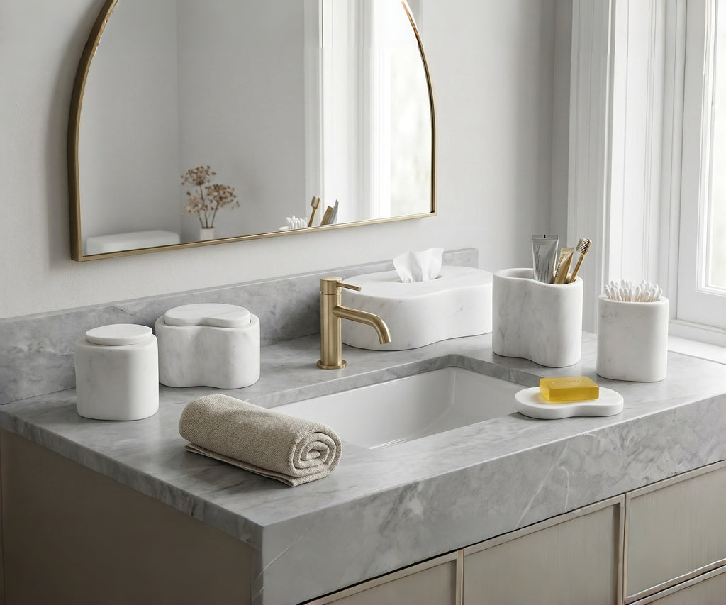 White Natural Marble Bathroom Accessories Set, 6-Piece