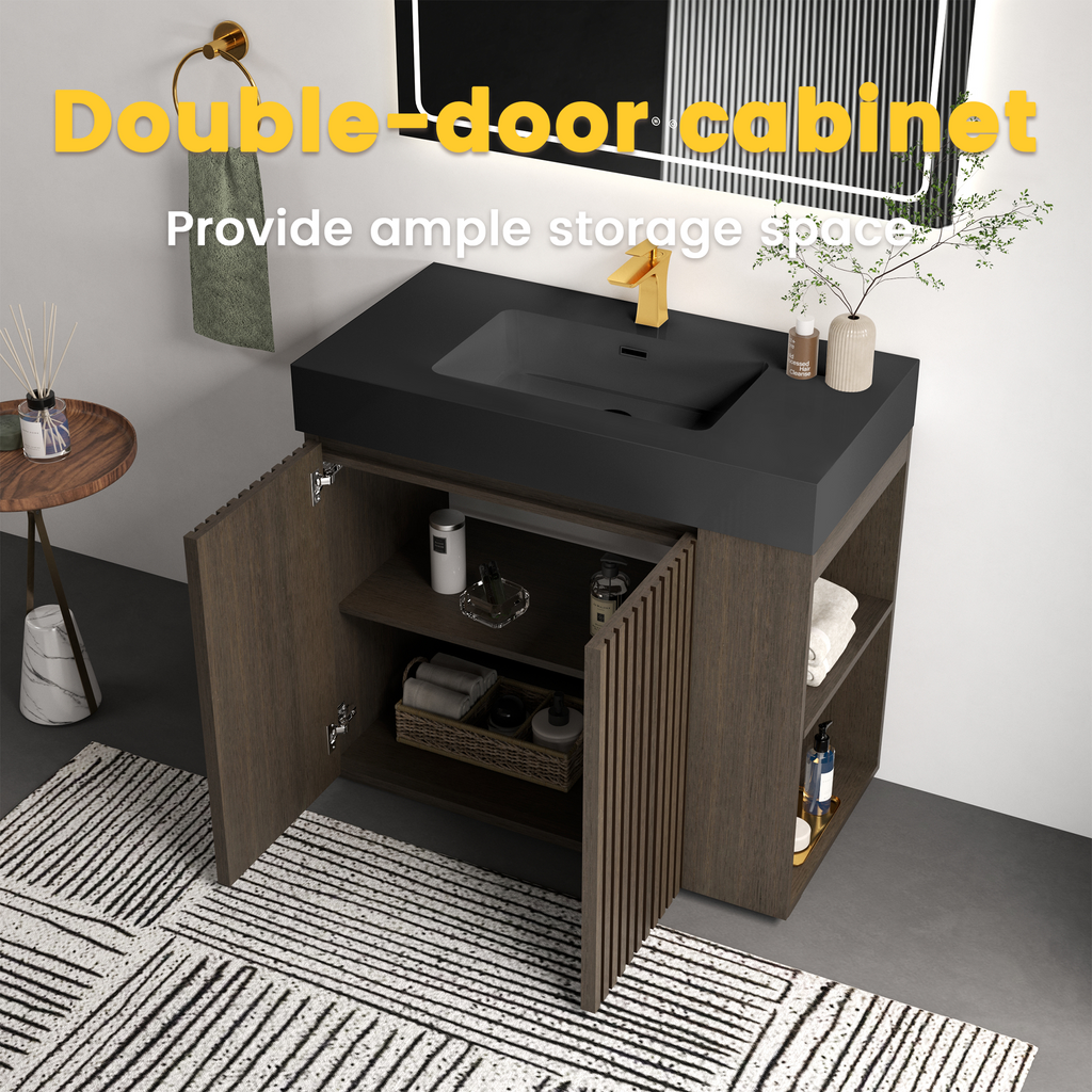 GALAN 36-Inch Bathroom Vanity, Smoked Oak with Solid Surface Sink, Dark Walnut