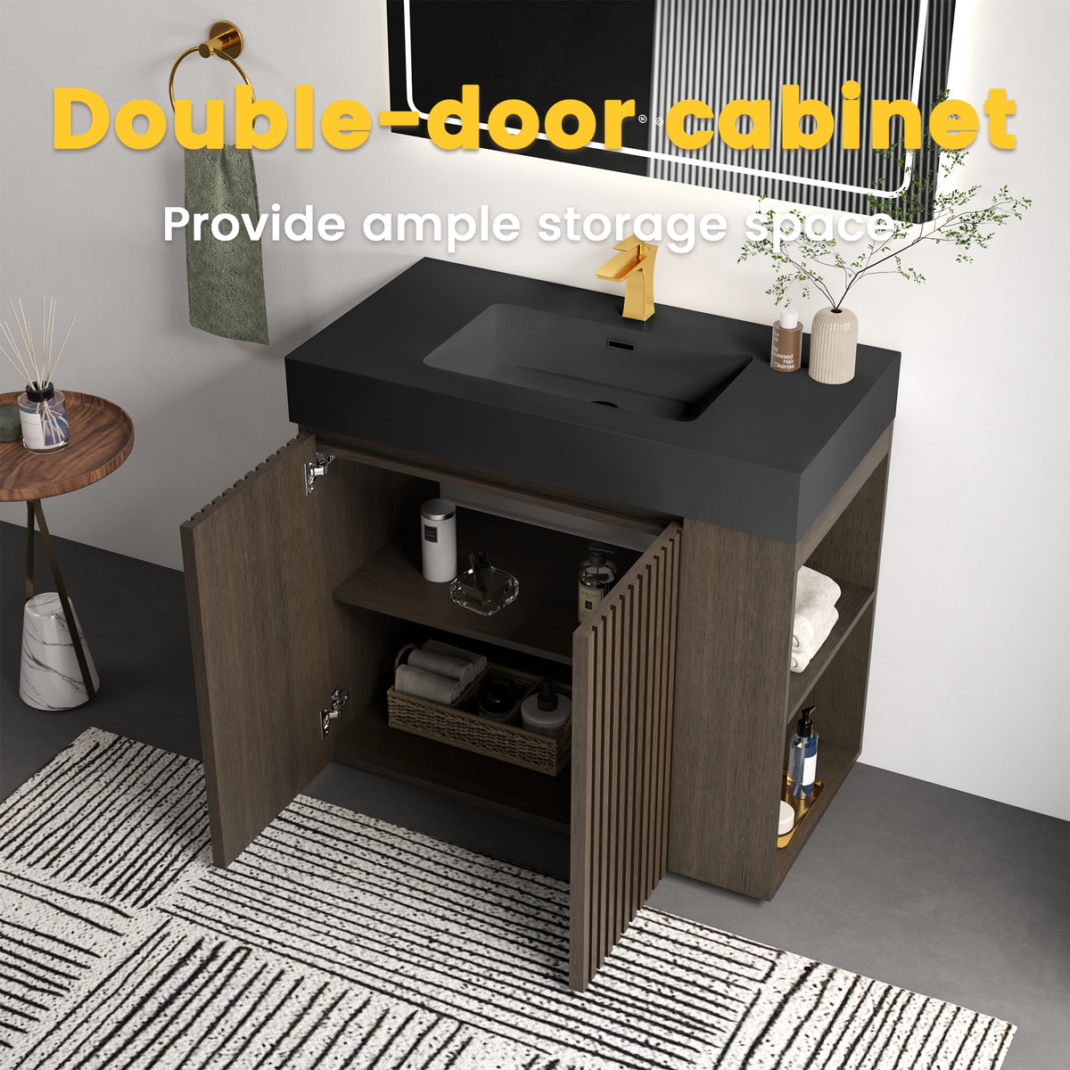 GALAN 36-Inch Bathroom Vanity, Smoked Oak with Solid Surface Sink, Dark Walnut