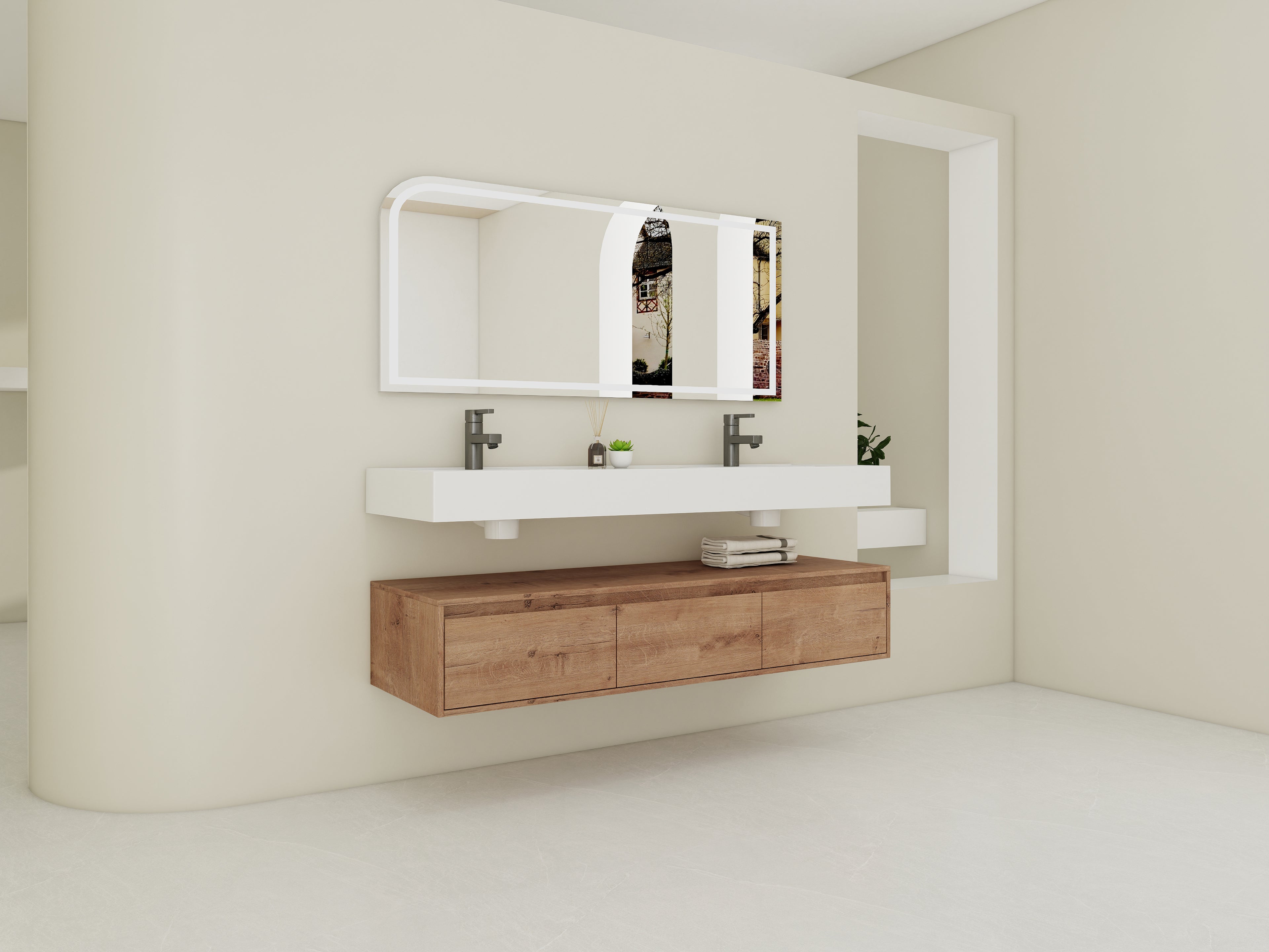 60 Inch Wall-Mounted Bathroom Vanity with Double Resin Sink