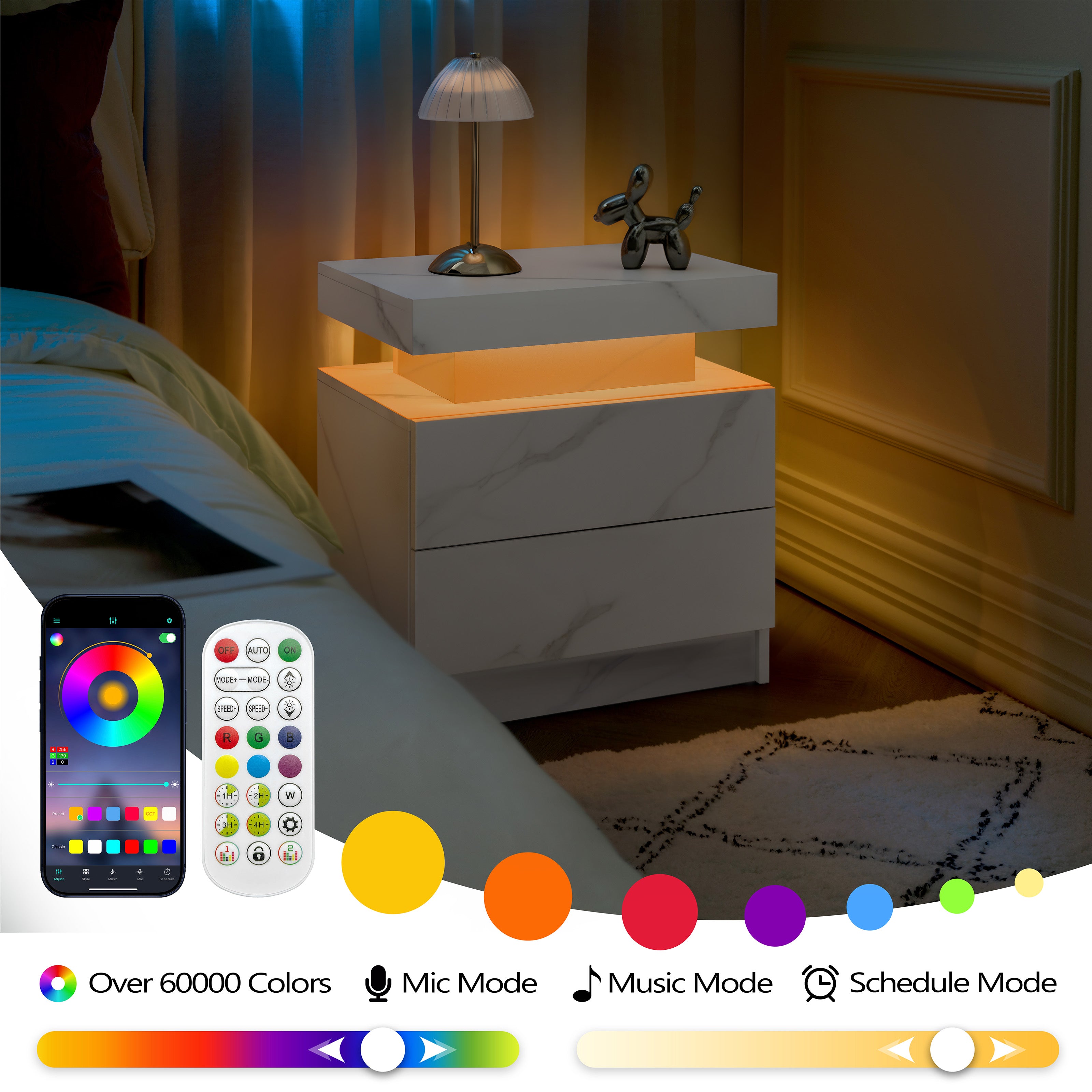 Modern LED Bedside Table Cabinet - White Stone