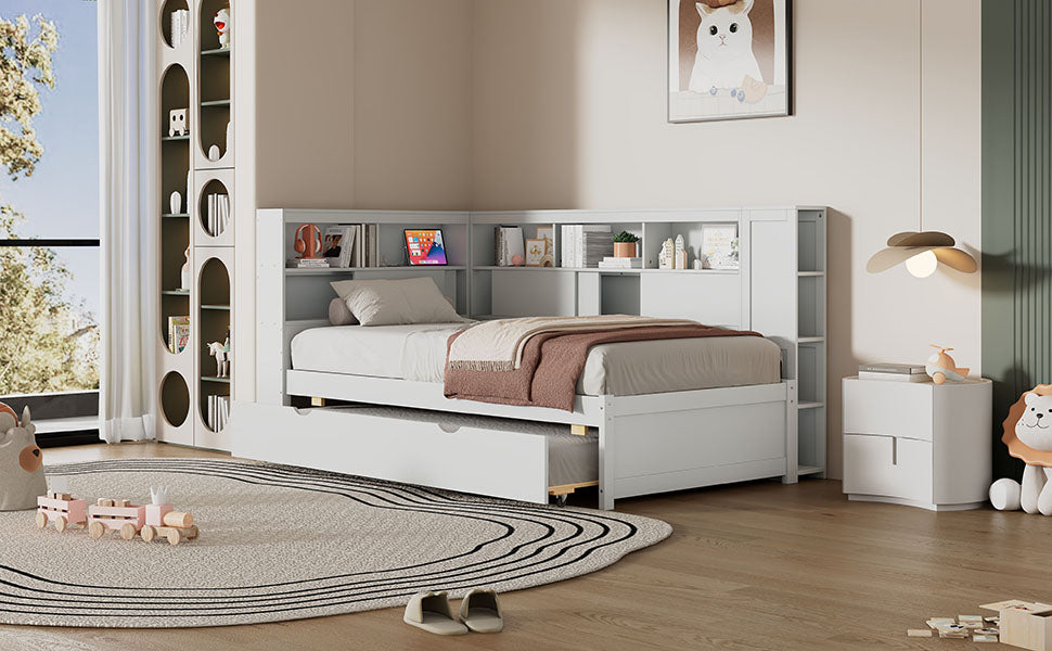 Twin Size Wood Daybed with Storage Shelves, USB and Trundle