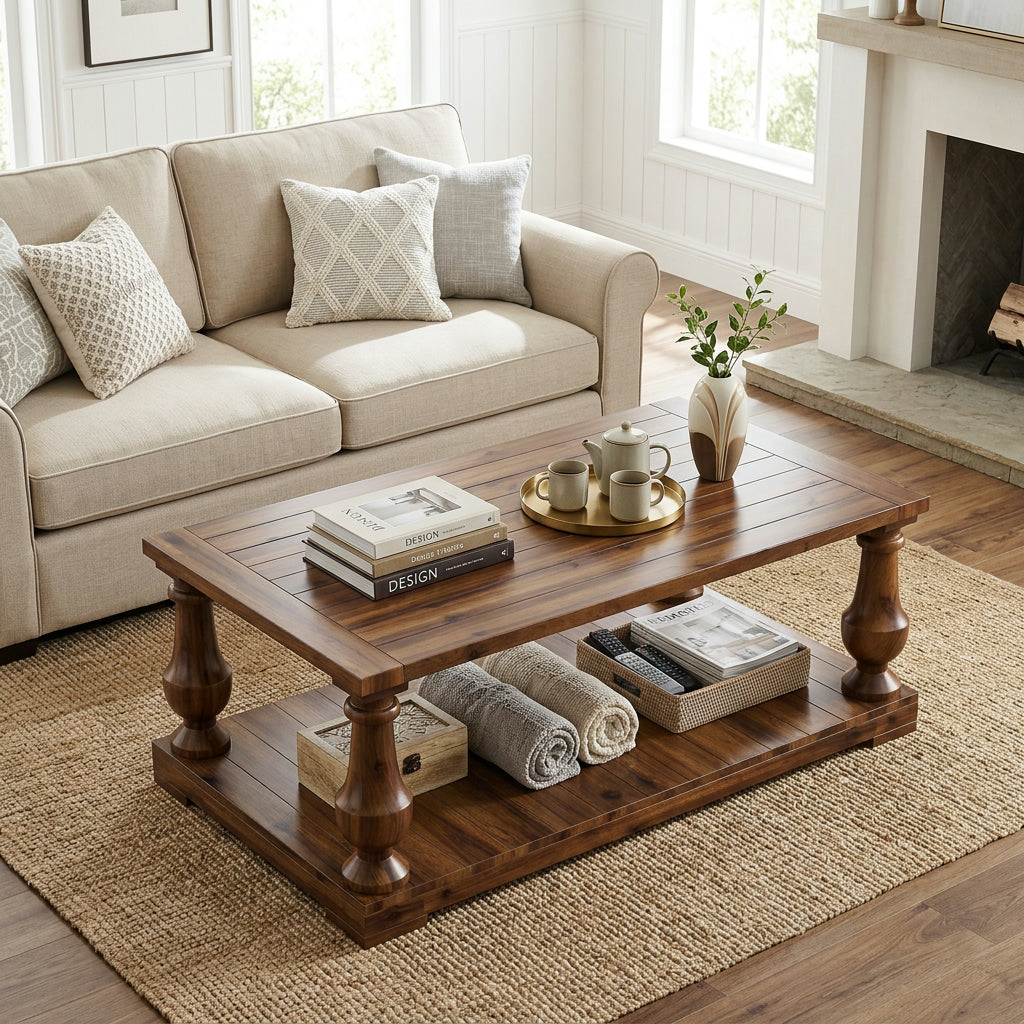 Farmhouse Coffee Table with Storage Shelf, Solid Pine Wood, Walnut