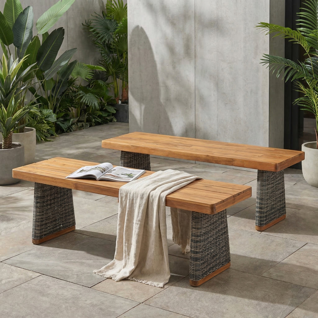 Outdoor Acacia Wood Bench Set of 2 - Teak Finish