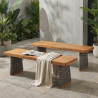 Outdoor Acacia Wood Bench Set of 2 - Teak Finish