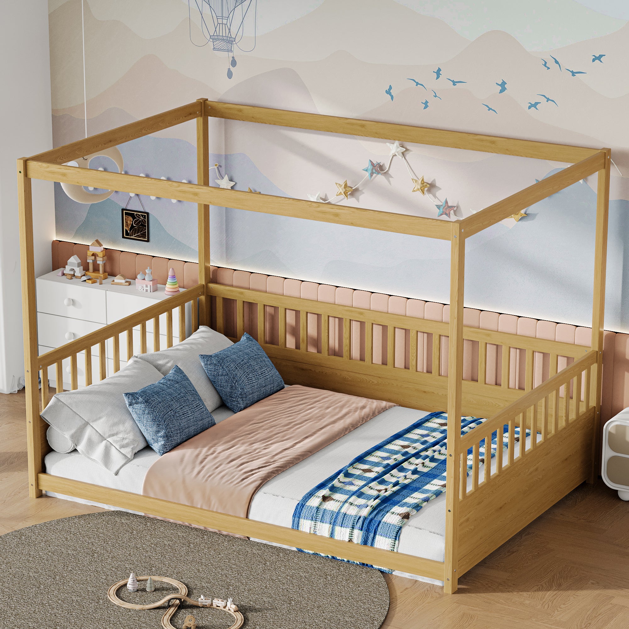 Full Size Canopy Bed Frame with Guardrails for Kids