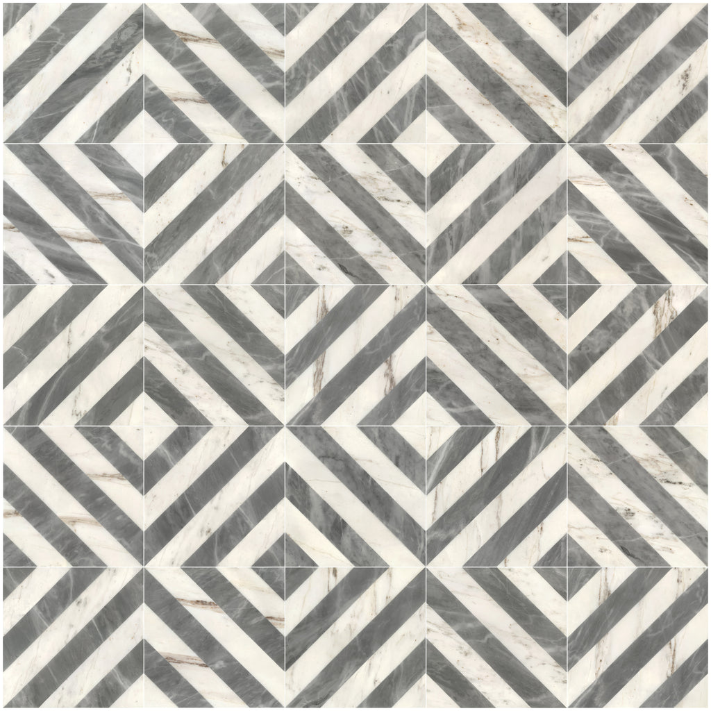 12x12 Waterjet Polished Marble Tile - White & Gray