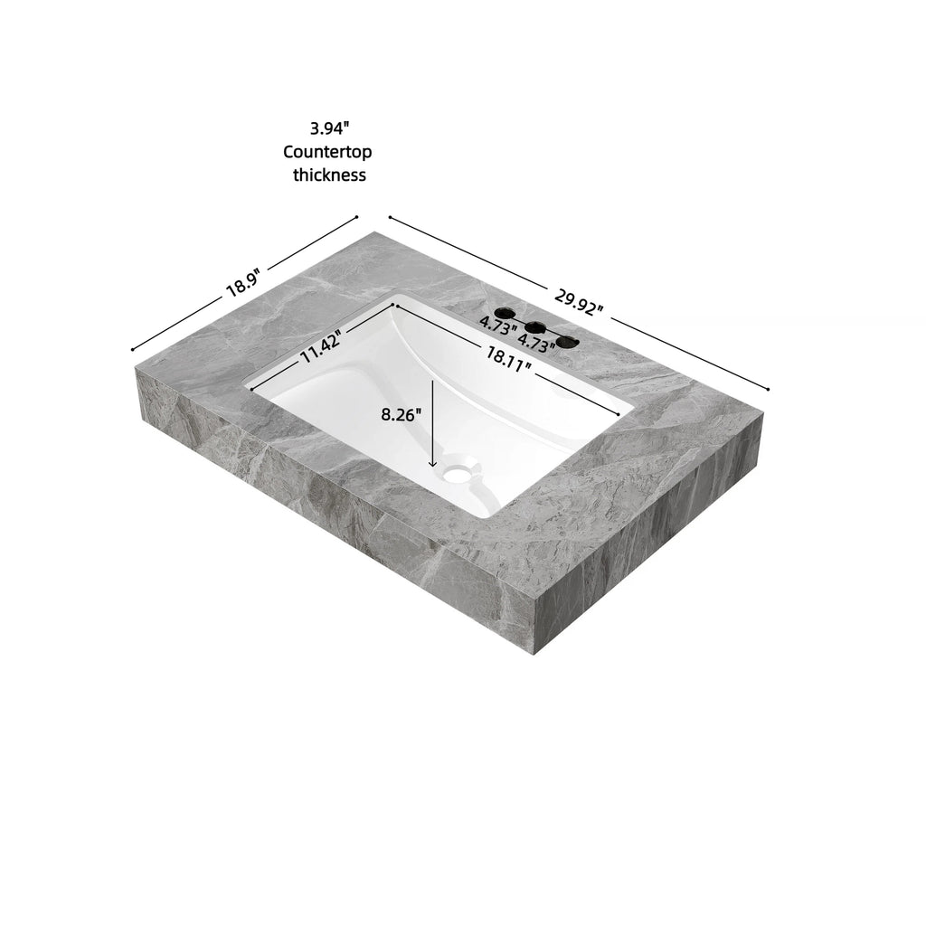 30" Muri Bathroom Sink, Light Gray Sintered Stone Countertop with Ceramic Basin