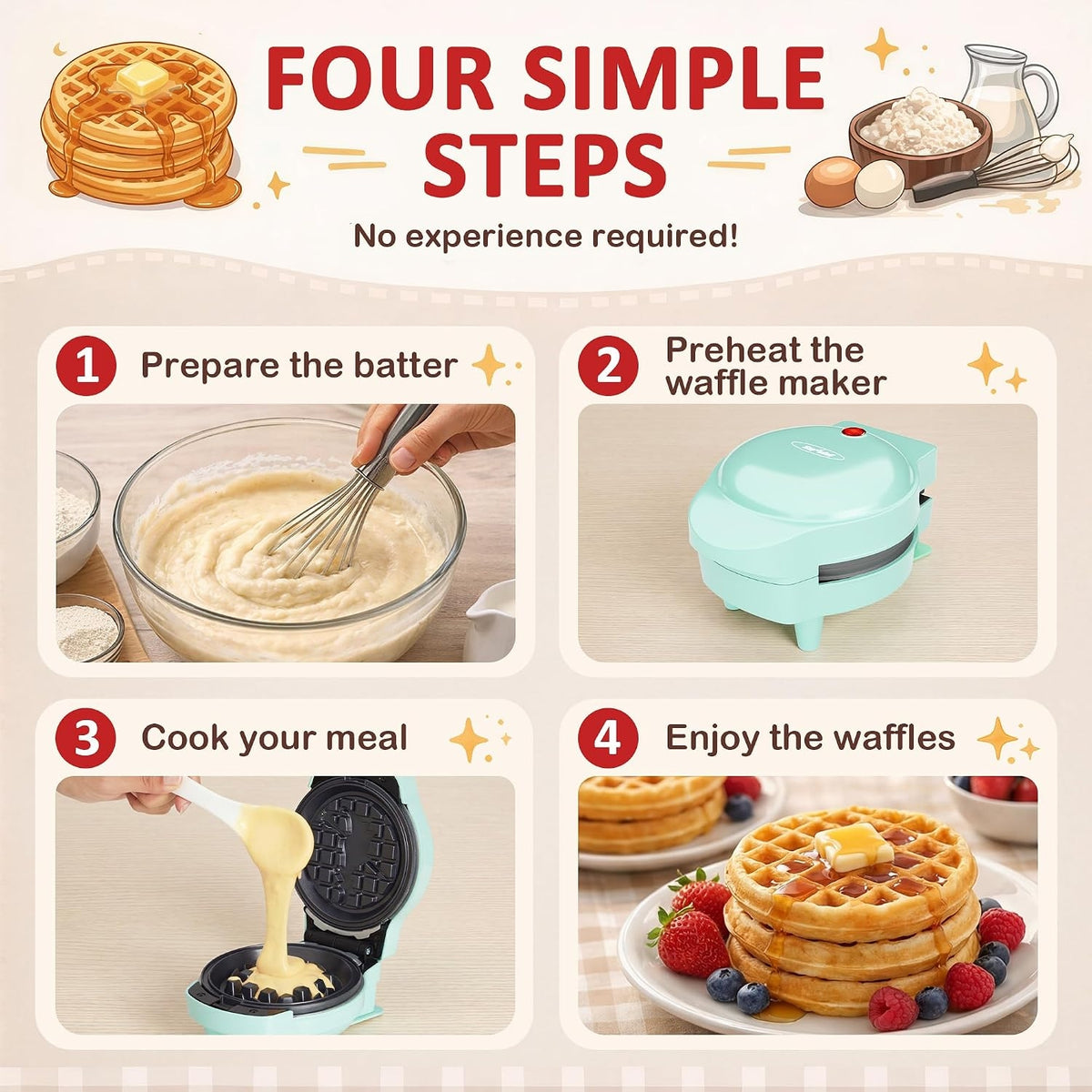 4" Kids Mini Waffle Maker with 6 Removable Plates
