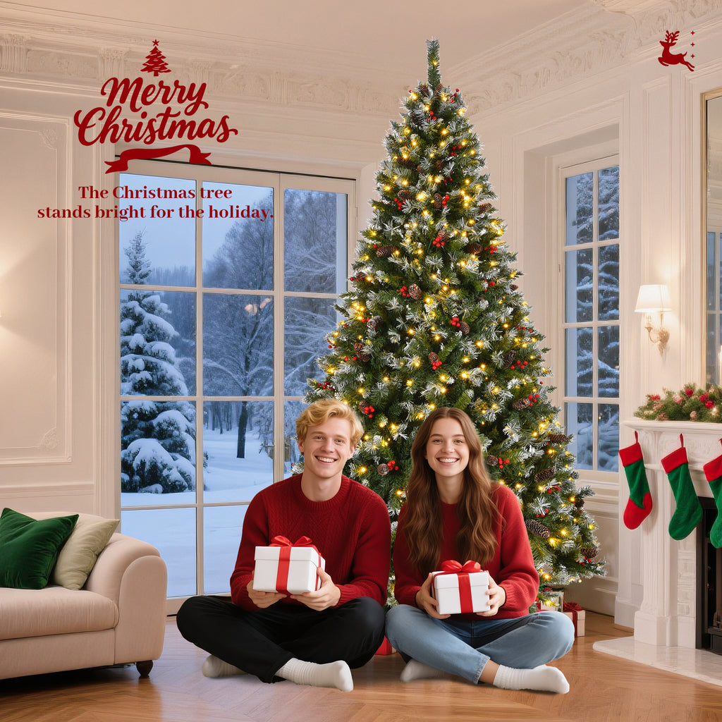 9-Foot Pre-Lit Pre-Decorated Pine Artificial Christmas Tree with Frosted Tips and Pine Cones, Green