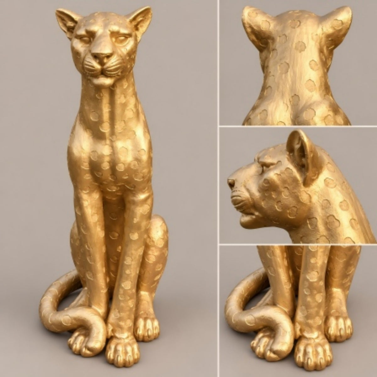 Gold Leopard Statue, 33.86 Inch Tall, Resin Fiberglass Seated Sculpture