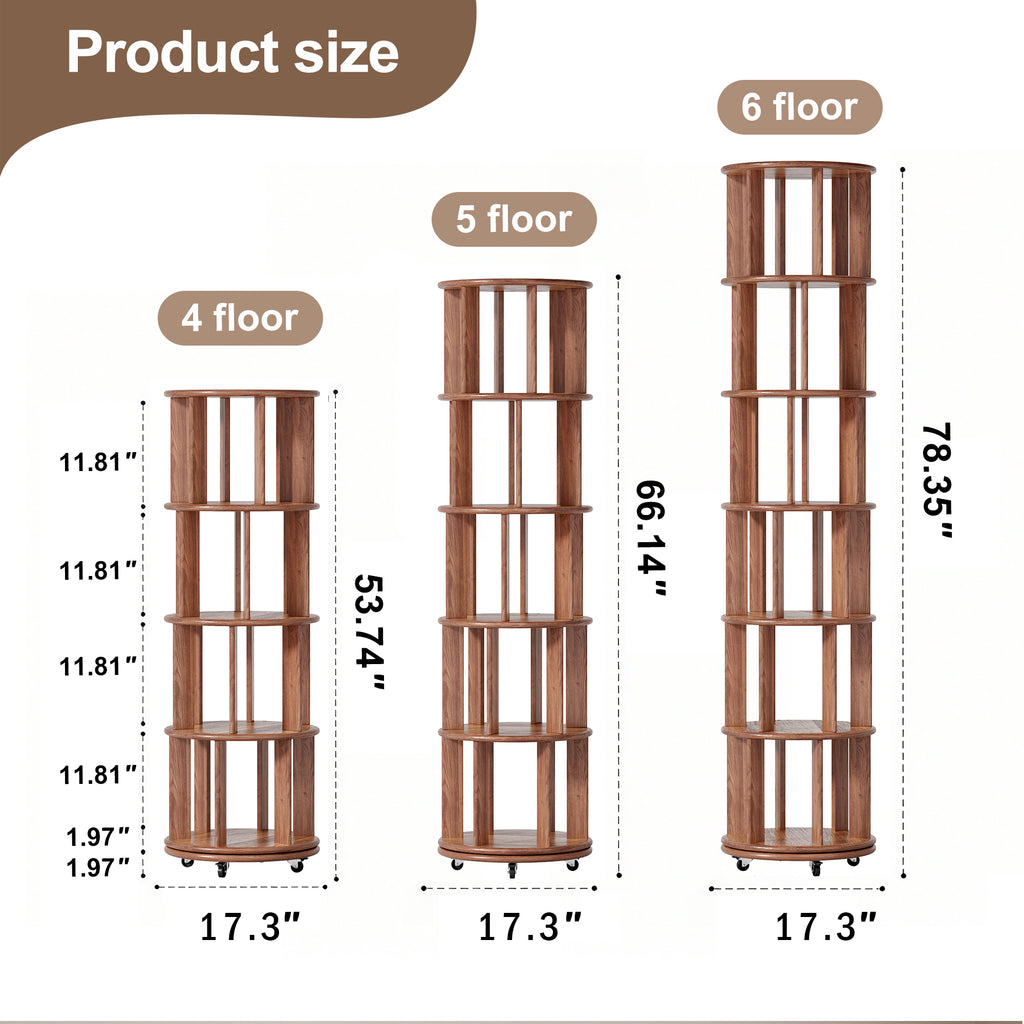 Solid Wood Rotating Bookshelf on Wheels - 4 Tier