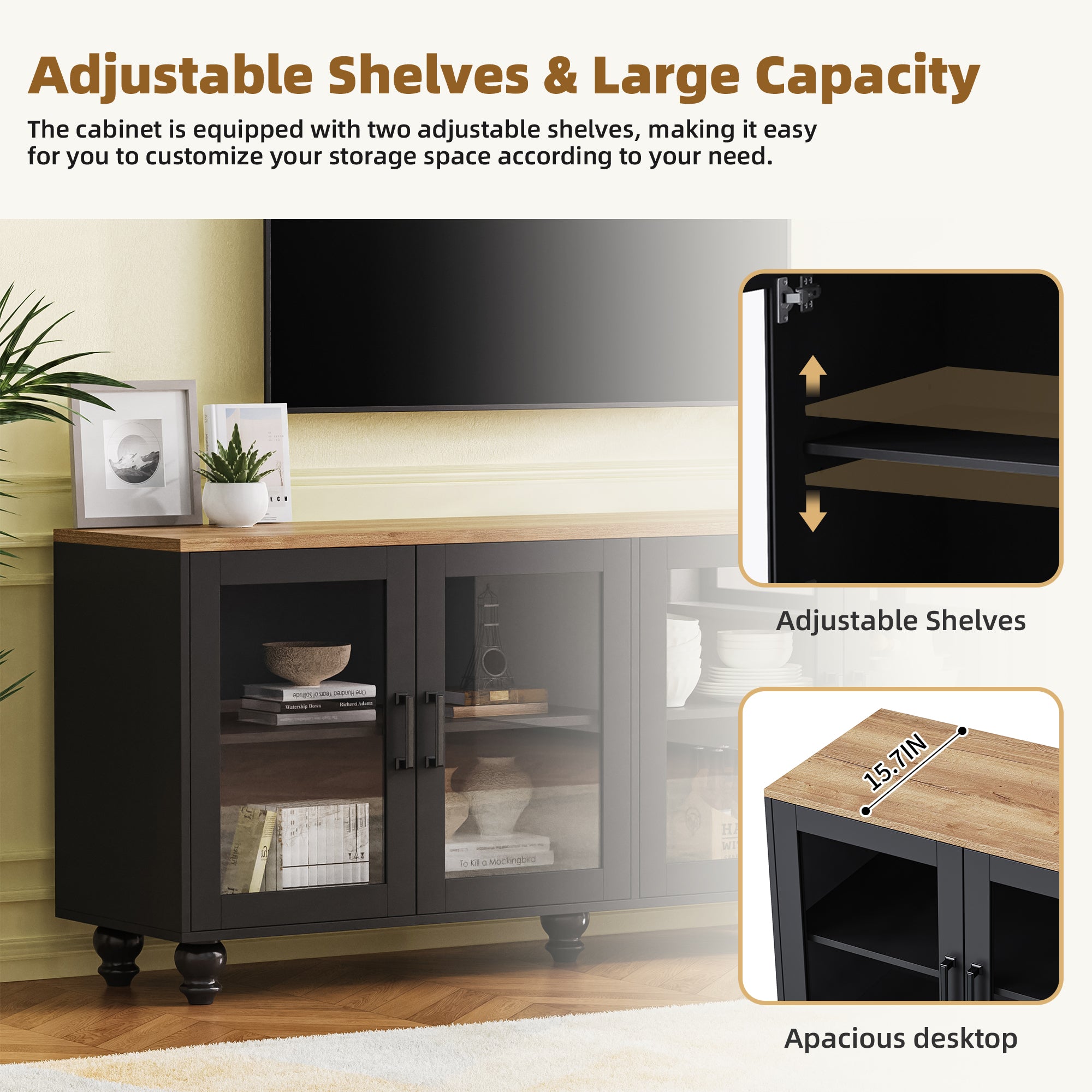 ON-TREND Farmhouse TV Stand with Tempered Glass Doors