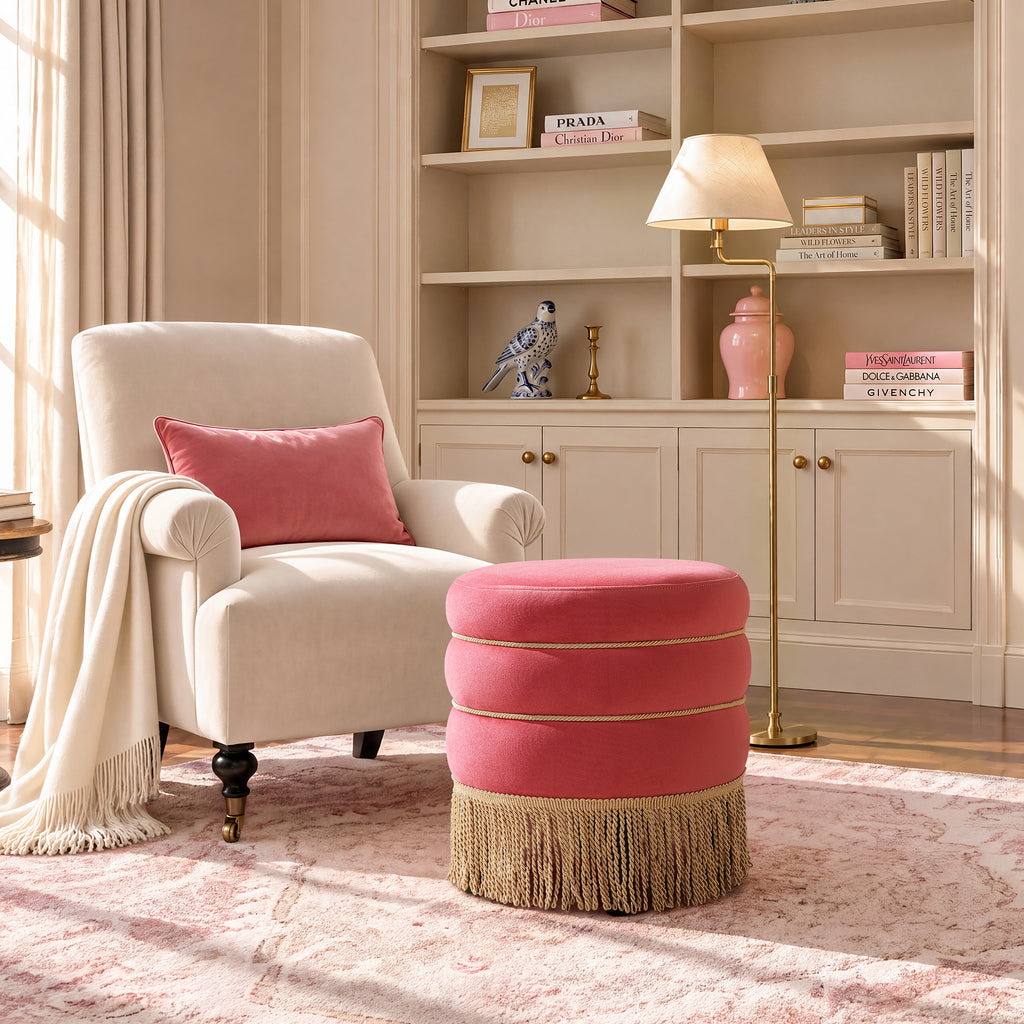 Edward Round Upholstered Ottoman, 17.5-Inch, Rose Pink Velvet with Bullion Fringe