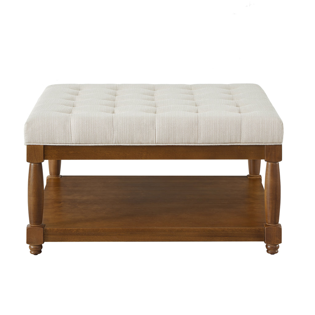 Large Square Upholstered Tufted Linen Ottoman, Ivory