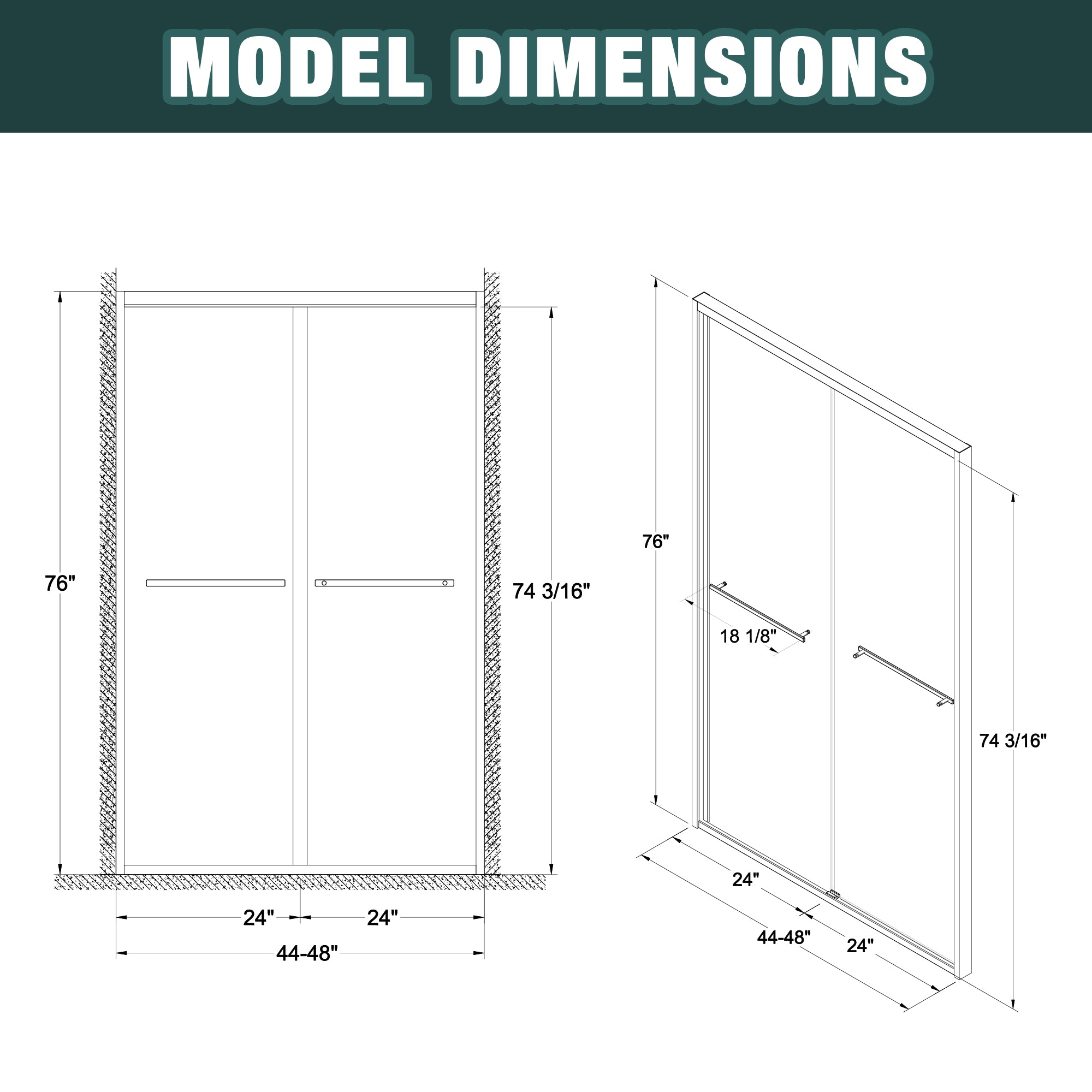 44-48"x76" Aluminum Frame Double Sliding Shower Door