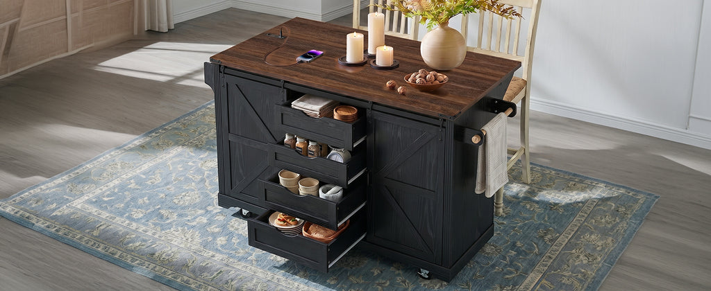 K&K 72" Farmhouse Kitchen Island with Fridge Storage