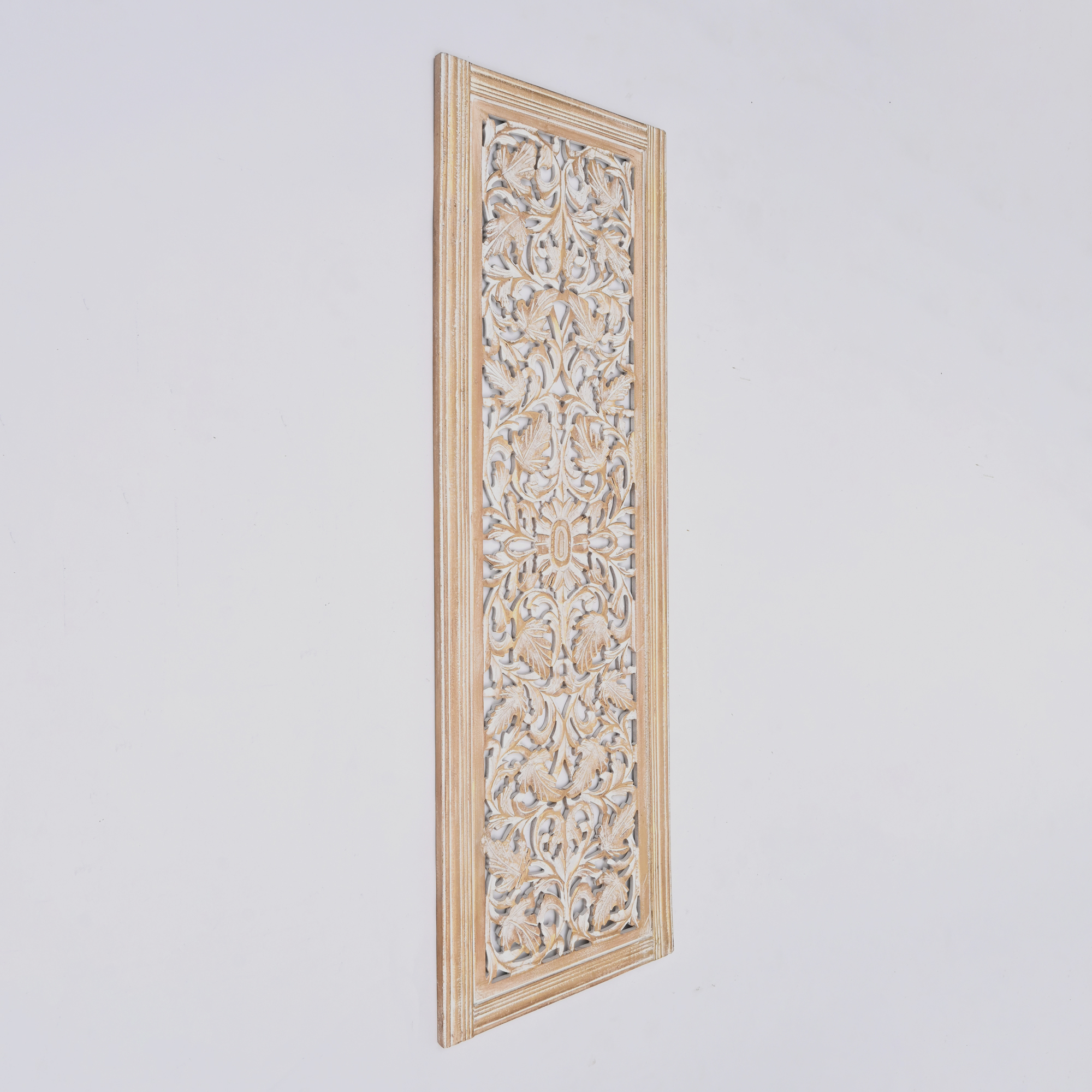 20” x 63” Hand-Carved Wooden Wall Panel – Rustic Antique Mandala Design