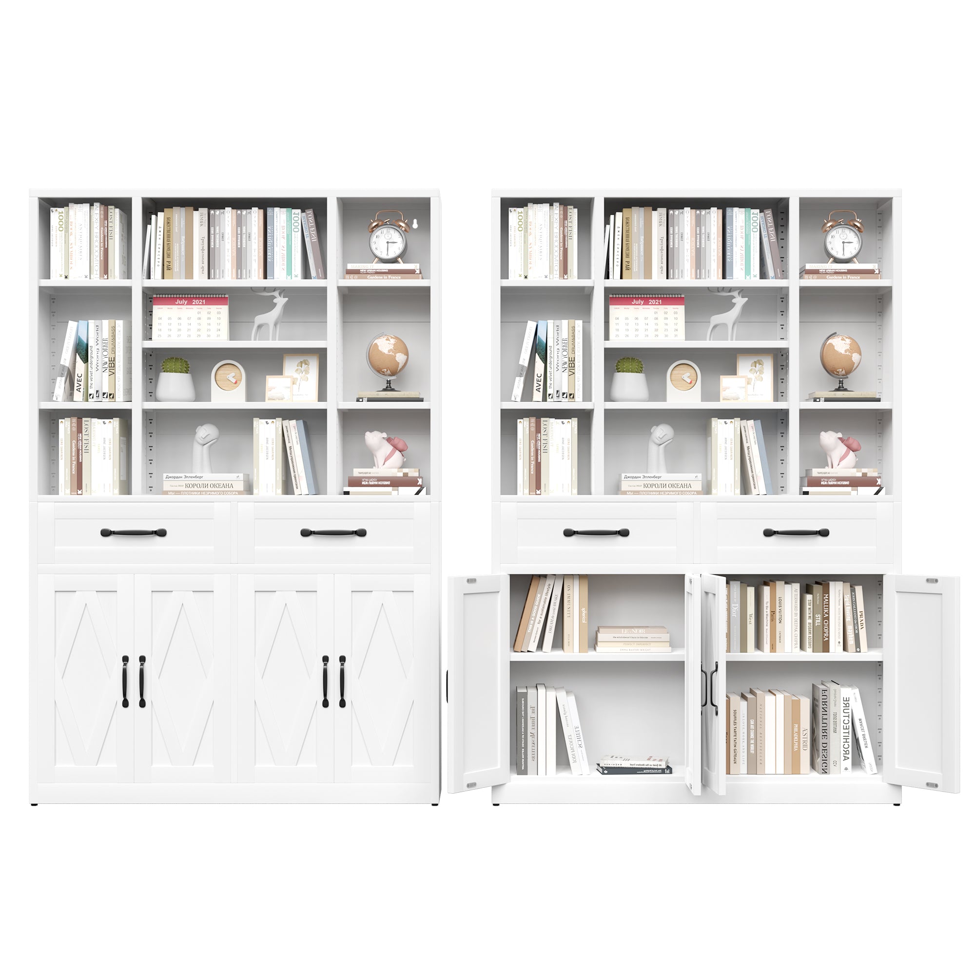 71" Tall Bookcase with Doors, Drawers & Adjustable Open Shelves