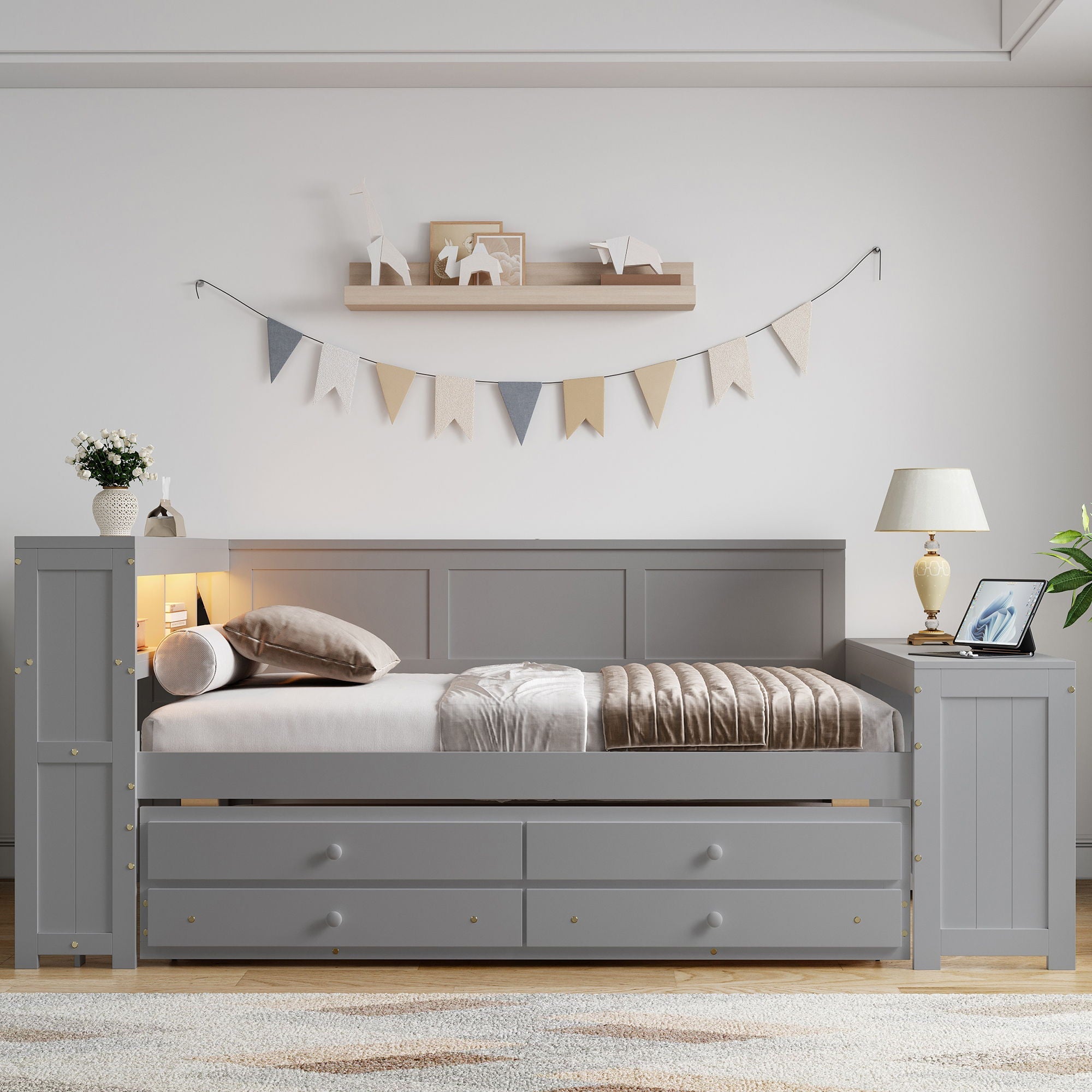 Daybed With Storage Shelves, Drawers, Trundle, Charging Station, LED Light, Desk And Cabinet