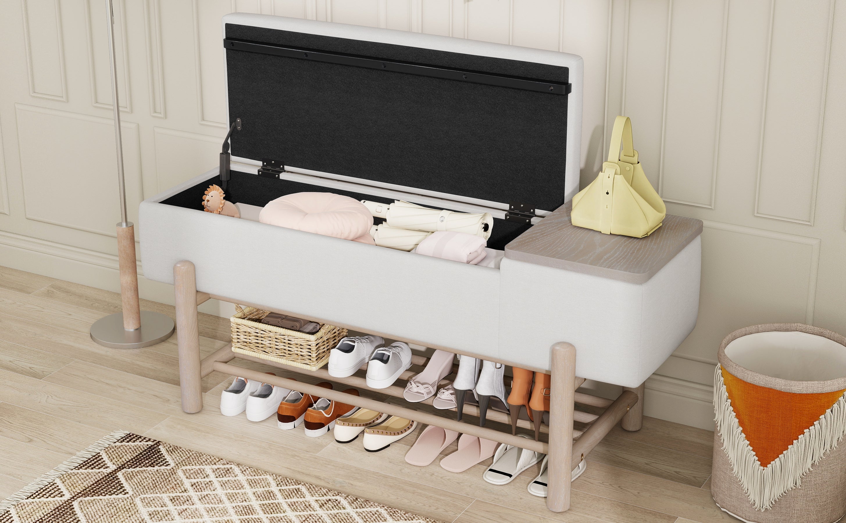 TREXM Farmhouse Upholstered Storage Bench