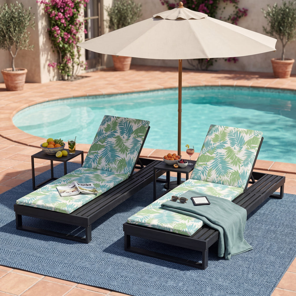 Black Acacia Wood Chaise Lounge with Cushion Set