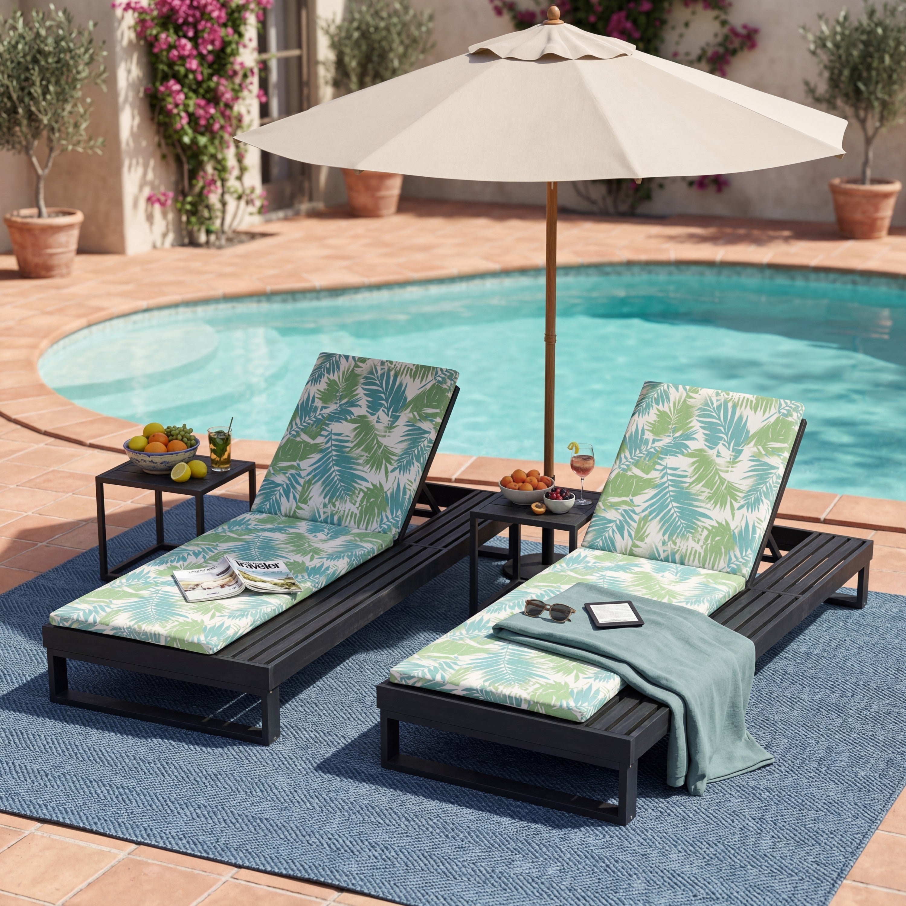 Black Acacia Wood Chaise Lounge with Cushion Set