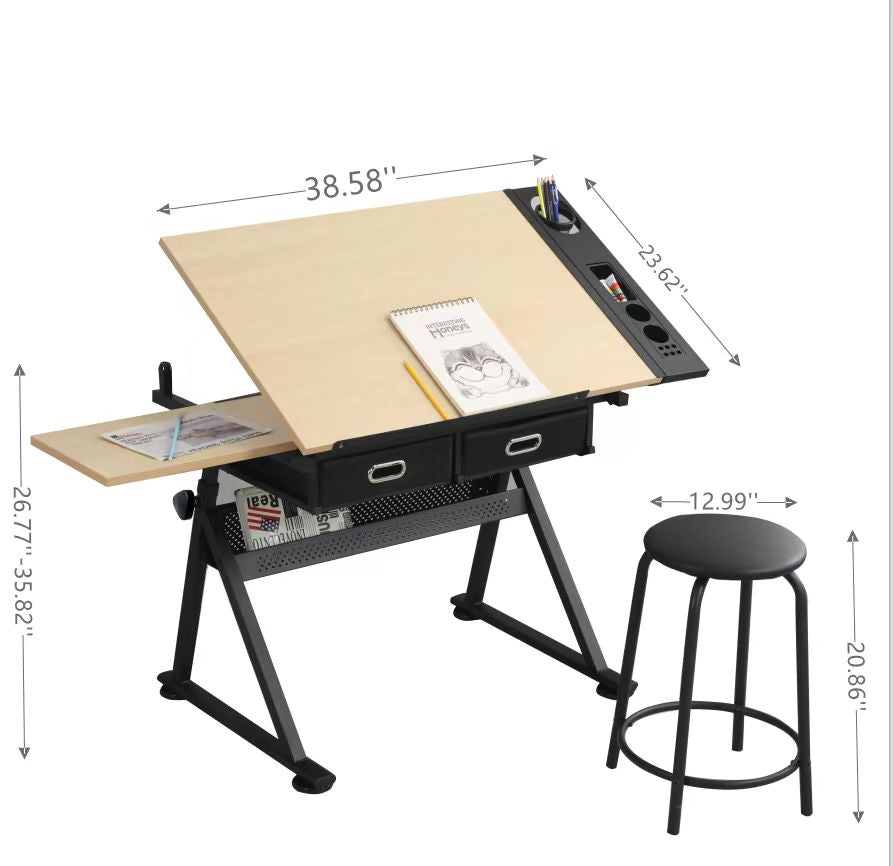 Adjustable Drawing Drafting Table Desk with Stool