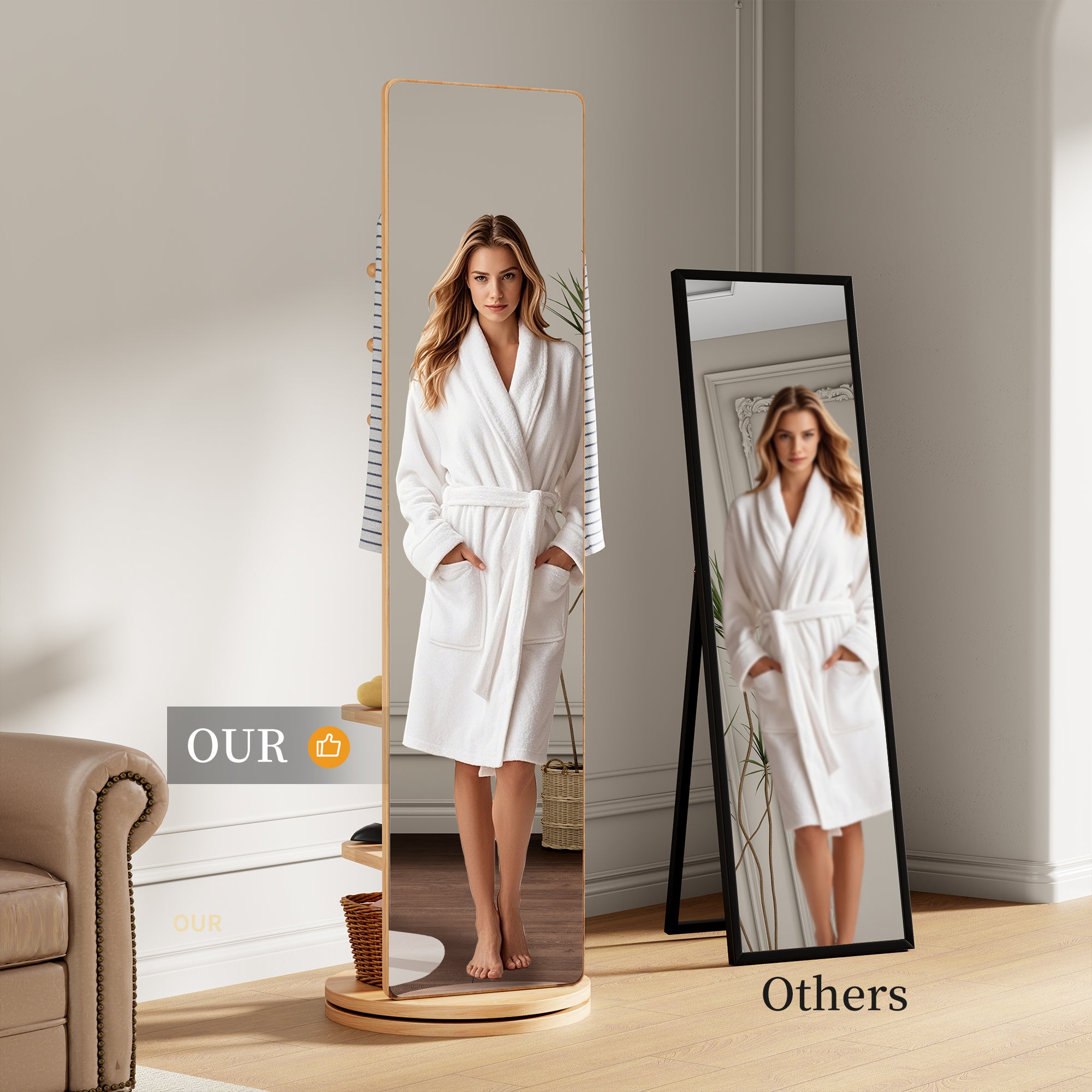 Multifunctional 360° Rotating Full Length Mirror with Coat Rack