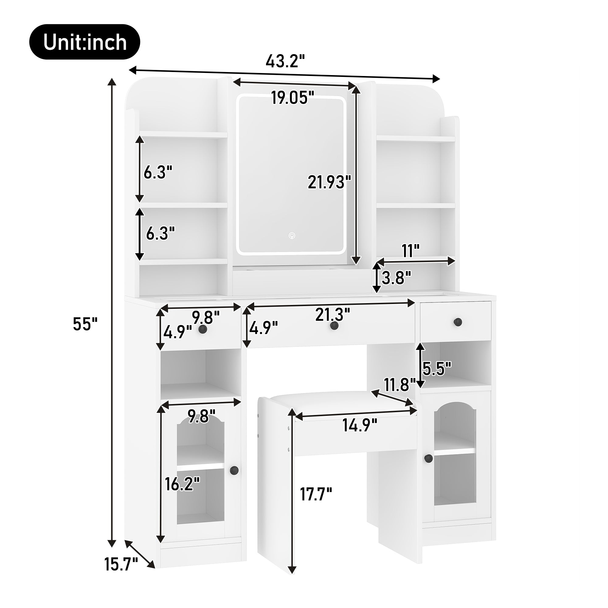 43.2" Vanity Desk with LED Mirror and RGB Light Cabinets