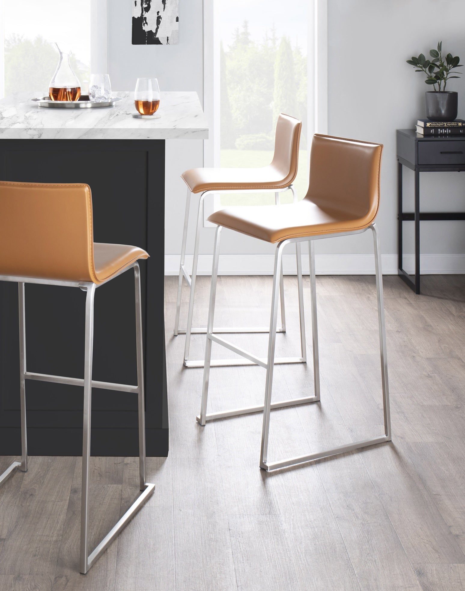 Contemporary Barstool in Stainless Steel and Camel Faux Leather - Set of 2