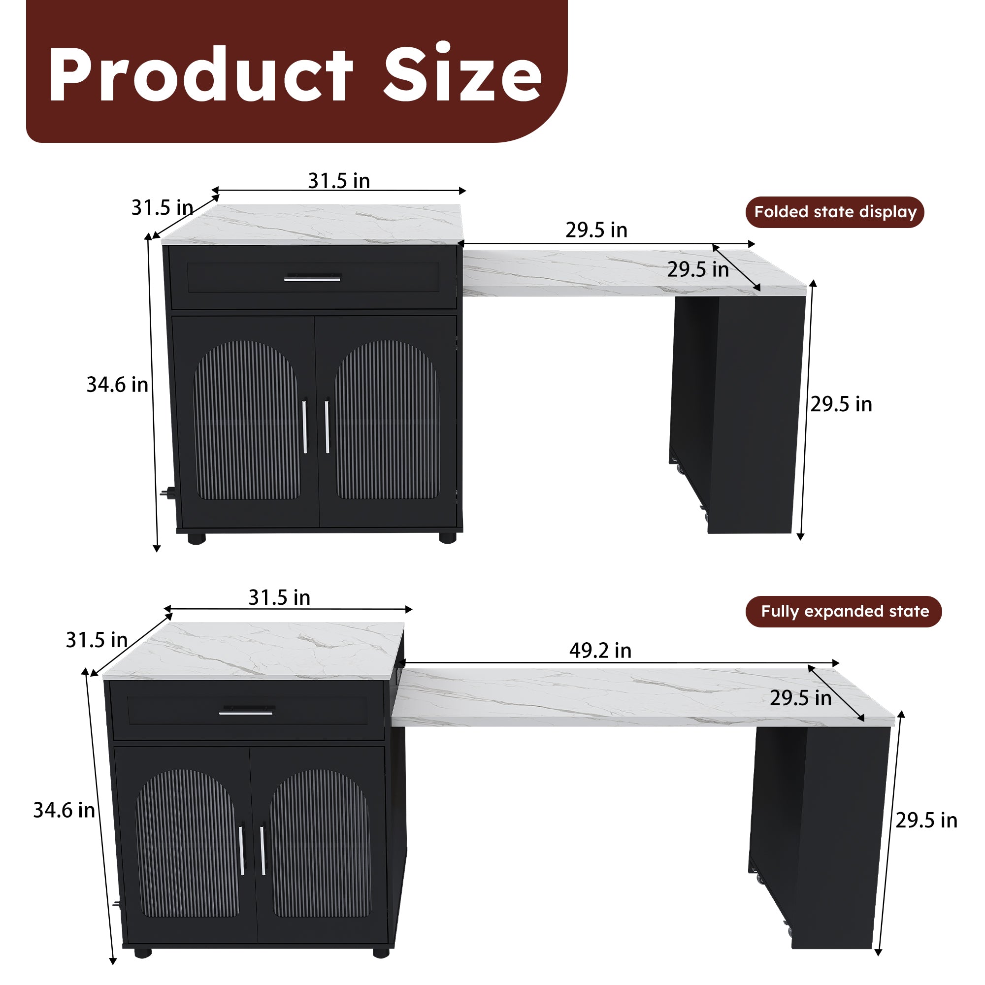 80-Inch Expandable Kitchen Island with Dining Table