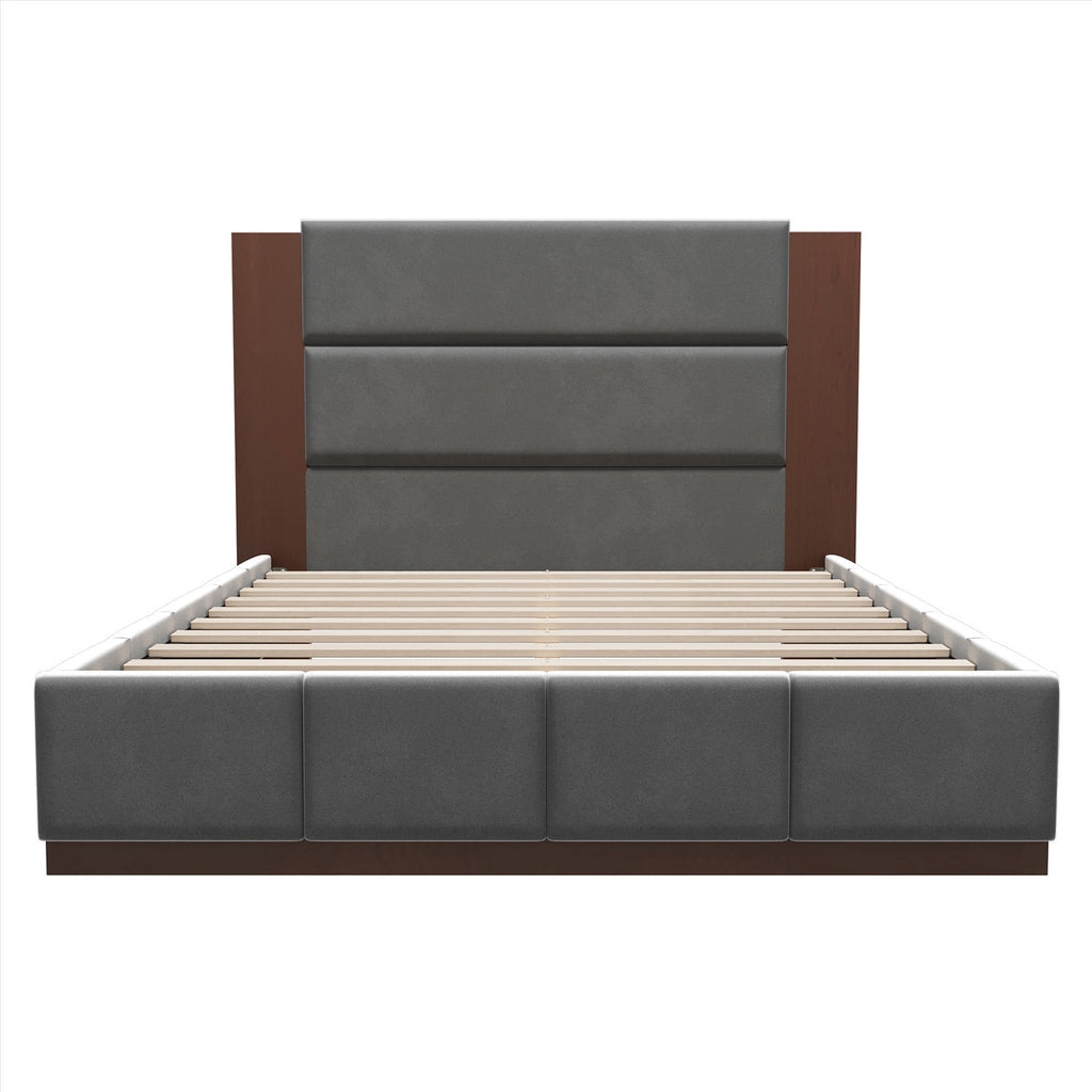 Upholstered Platform Bed Frame With Extended Wood Headboard