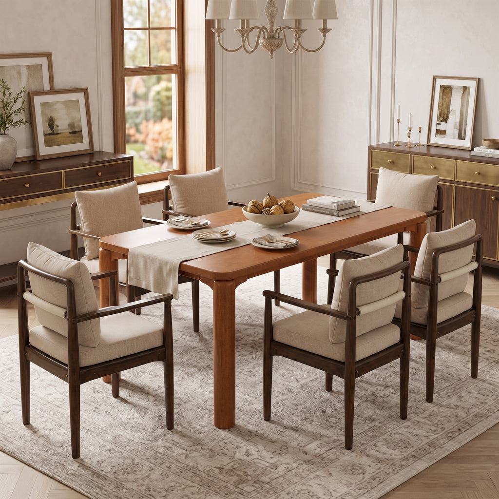 7-Piece Mid-Century Dining Set, 70-Inch Table with 6 Padded Arm Chairs, Walnut and Beige