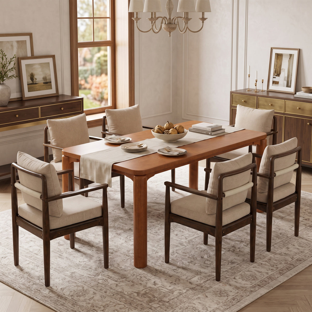 7-Piece Mid-Century Dining Set, 70-Inch Table with 6 Padded Arm Chairs, Walnut and Beige