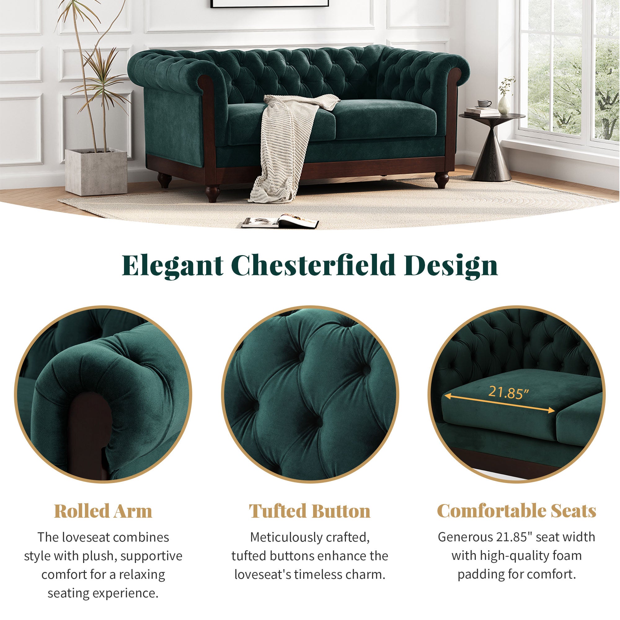 VIVALUX 59.44" Chesterfield Velvet Loveseat Sofa