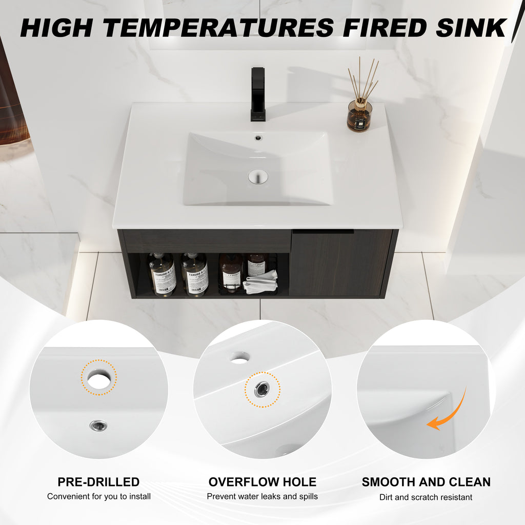 30" Wall-Mounted Floating Bathroom Vanity with Ceramic Sink – Modern Dark