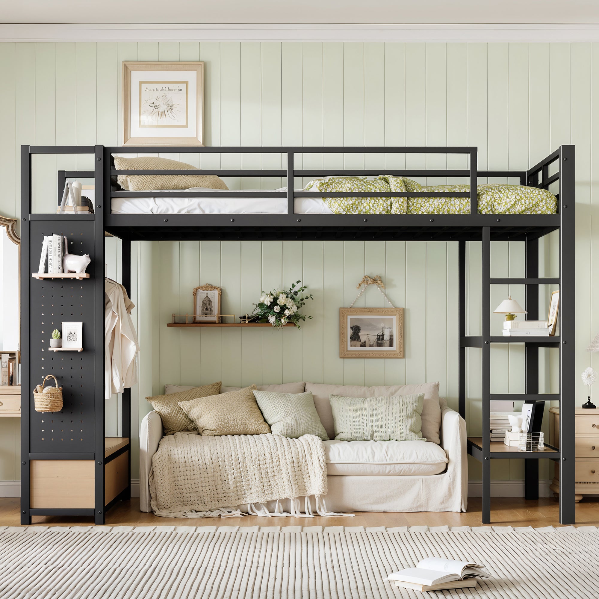 Twin XL Loft Bed Frame with Wardrobe, Metal Loft Bed
