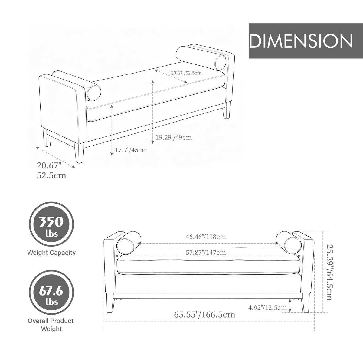 65.5"W Upholstered End of Bed Bench